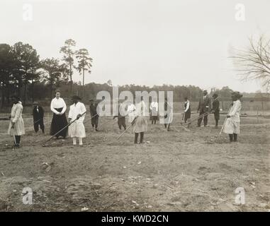 Les enfants afro-américains travaillant avec les râteaux et les houes dans un jardin avec des enseignants, 1910-25. Un étudiant est titulaire d'un semis pousser la machine. Photo est par Arthur P. Bedou, une nouvelle Orleans photographe qui souvent photographiées Booker T., de Washington et de l'Institut Tuskegee (BSLOC   2017 20 139) Banque D'Images