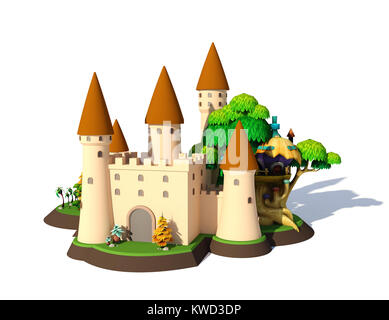 3D isométrique fantasy cartoon château médiéval isolé sur fond blanc, 3D Rendering Banque D'Images