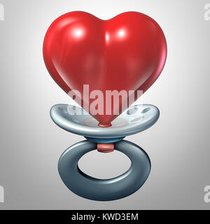 L'amour comme un bébé ou de parent et enfant bébé concept santé adoption concept comme un tout-petit en forme de sucette comme un cœur comme un 3D illustration. Banque D'Images
