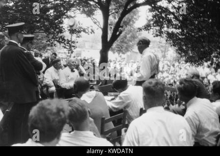 William Jennings Bryan (assis) interrogé par Clarence Darrow (debout à droite). Actes du procès Scopes Monkey ont eu lieu à l'extérieur en raison de la chaleur extrême du 20 juillet 1925. Photo par Watson Davis, Science Service BSLOC (2016  10 62) Banque D'Images