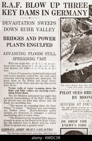 L'article du Daily Telegraph du 18 mai 1943 rapports sur l'exploitation la punition, une attaque sur les barrages allemands effectuée les 16 et 17 mai 1943 par Royal Air Force No 617 Squadron, a par la suite connu sous le nom de Dam Busters, à l'aide d'un 'bombes rebondissantes' . La Möhne et barrages Edersee ont été perforés et causant des inondations catastrophiques de la vallée de la Ruhr et de villages dans la vallée de l'Eder en Allemagne. Banque D'Images