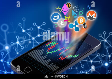 Illustration conceptuelle de altcoins cryptocurrency logos d'être sorti d'un écran de téléphone cellulaire. Banque D'Images