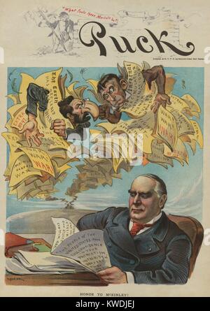 Honneur à MCKINLEY ! Caricature politique de Puck Magazine, 23 mars 1898. Le Président William McKinley résiste aux belliqueux et Pulitzer Hearst Newspaper headlines exhortant la guerre avec l'Espagne après l'explosion de l'USS Maine dans le port de La Havane le 15 février 1898 (BSLOC 2017 10 9) Banque D'Images