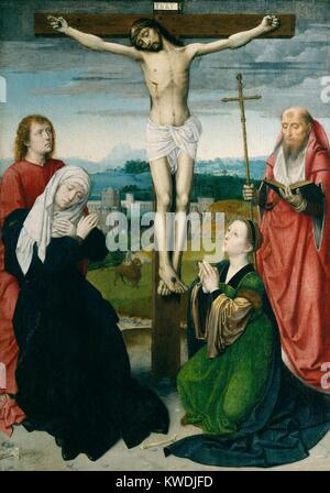 La crucifixion, par Gérard David, 1495, la peinture de la Renaissance du Nord, Russisch, huile sur bois. Crucifixion comprend le père de l'Église, Saint Jérôme, la lecture sur la crucifixion dans la Bible latine il a traduit du grec. L'artiste a illustré l'écriture compte avec le ciel qui s'assombrit à la mort de Christ. Dans l'arrière-plan est une représentation de Jérusalem (BSLOC   2017 16 105) Banque D'Images