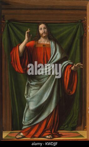 Le Christ bénissant, d'Andrea Solario, 1490-1524, la peinture italienne de la Renaissance, huile sur bois. Ce chiffre est légèrement plus grand que la réalité peinte et rendue avec profondément modelé des formes volumétriques. Il doit avoir fait une présence étonnante dans le cadre de la décoration d'une chapelle ou une chambre dans une église. (BSLOC   2017 16 51) Banque D'Images