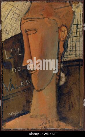 LOLA DE VALENCE, par Amedeo Modigliani, 1915, la peinture moderniste Italienne, huile sur toile. Portrait imaginaire de Lola de Valence, représente une célèbre danseuse peint par Edouard Manet en 1862. La peinture représente en fait l'un des Modiglianis sculptures, oeuvres abstraites influencée par des masques réalisés dans le Congo Français, avec une forme allongée et stylisé (BSLOC 2017 caractéristiques 7  11) Banque D'Images