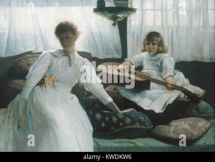 Heures d'inactivité, par Julian Alden Weir, 1888, American peinture, huile sur toile. La femme de l'artiste, Anna, et leur premier enfant, Caroline, sont assis dans une grande salle ensoleillée. C'est peint dans une palette sobre, avec un traitement réaliste des chiffres, et une composition soigneusement agencés (BSLOC 2017 9 29) Banque D'Images