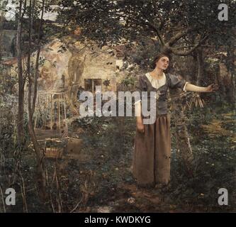 Jeanne D'ARC, par Jules Bastien-Lepage, 1879, la peinture française, huile sur toile. L'artiste représente un super-événement naturel extrême avec le naturalisme. La figure expressive de Jeanne d'Arc attire l'attention d'abord les téléspectateurs. A gauche, l'esprits de peint légèrement Saints Michel, Margaret, et Catherine suggérer leur présence (BSLOC incorporelle 2017 9 75) Banque D'Images