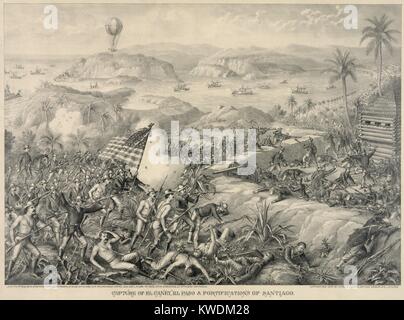 Bataille d'El Caney eut lieu le 1 juillet 1898, au cours de la guerre hispano-américaine à Cuba. Les forces américaines ont capturé la ville et des installations à l'appui de l'attaque principale sur les hauteurs de San Juan. Dans l'arrière-plan sont les navires espagnols bloqués dans la baie de Santiago par US Navy à l'extrême droite. Les militaires américains utilisés ballons d'observation au cours de la campagne de Santiago (BSLOC   2017 10 28) Banque D'Images