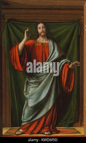 Le Christ bénissant, d'Andrea Solario, 1490-1524, la peinture italienne de la Renaissance, huile sur bois. Ce chiffre est légèrement plus grand que la réalité peinte et rendue avec profondément modelé des formes volumétriques. Il doit avoir fait une présence étonnante dans le cadre de la décoration d'une chapelle ou une chambre dans une église. (BSLOC   2017 16 51) Banque D'Images