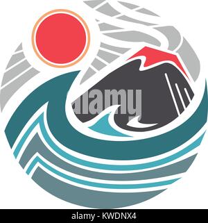 Hand drawn vector illustration ou dessin d'un volcan, symboles du soleil et de la mer Illustration de Vecteur