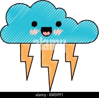 Kawaii cloud avec éclairs dans silhouette crayon de couleur Illustration de Vecteur