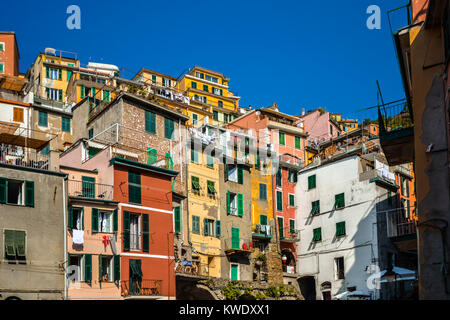 Les maisons et appartements empilés à Riomaggiore Italie sur la côte ligurienne à Cinque Terre Banque D'Images