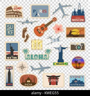 Voyage vecteur autocollant et ensemble avec les pays de l'étiquette célèbre, villes, monuments, drapeaux et symboles en rétro ou vintage style. Inclut l'Italie, la France, la Russie, les Etats-Unis, l'Angleterre, l'Inde, le Japon, etc. Illustration de Vecteur