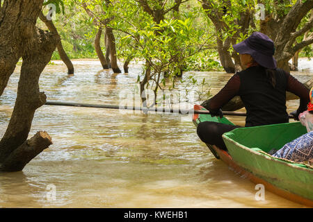 Femme cambodgienne asiatique vêtu de noir et un chapeau à la découverte, à bord de canots, forêt flottante forêt inondée à Kampong Phluk, lac Tonle Sap au Cambodge Banque D'Images