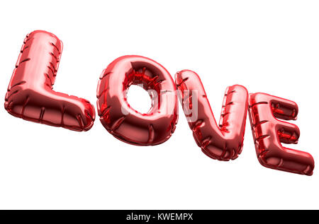 Un ensemble de quatre lettres ballon métallique le mot amour pour célébrer la Saint-Valentin sur un fond blanc - 3D render Banque D'Images