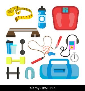 Icons Set Fitness vecteur. Outils Accessoires de sport. Balances, poids, haltères, bandes, serviette, chronomètre, Casque, corde. Télévision Cartoon illustration isolé Illustration de Vecteur