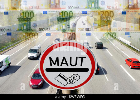 L'autoroute, sans frais et signer des billets de banque, photo symbolique sans frais de voiture de tourisme, Autobahn, Maut-Schild Symbolfoto Geldscheine und PKW-Maut, Banque D'Images