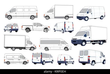 Jeu de voitures en noir et blanc. Collecte de différentes voitures et camions de livraison. Illustration de Vecteur