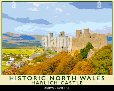 Un style poster illustration tirée d'une photographie d'Harlech Castle, au nord du Pays de Galles, Royaume-Uni Banque D'Images