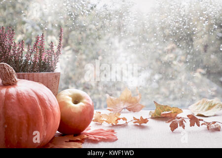 Apple, citrouille, Heather et feuilles d'automne sur une fenêtre de sélection sur un jour de pluie. Image aux couleurs, de l'espace pour votre texte Banque D'Images