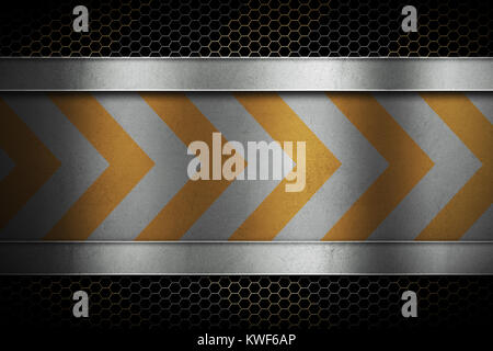 Treillis à mailles métalliques perforés avec feuille de métal poli dans le centre avec des rayures jaune d'avertissement. Bâtiment, construction. Bannière, place pour le texte. Banque D'Images