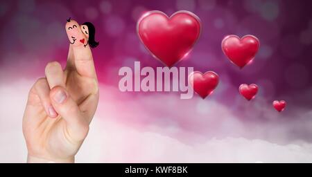 Les doigts de la Saint-Valentin aiment le couple et les coeurs pétillantes de Saint-Valentin avec rouge boukeh mauve foncé Banque D'Images