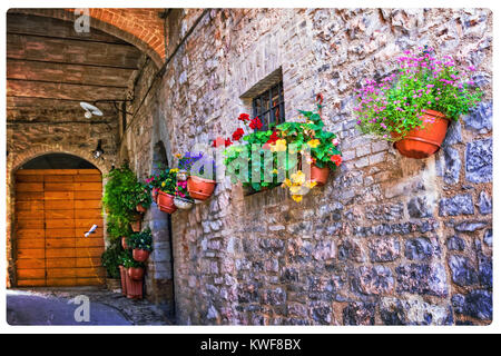 Vieilles rues du village,italien,Spello Ombrie. Banque D'Images