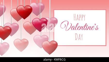 Joyeux texte de la Saint-Valentin et coeurs pétillantes de Saint-Valentin accrochés chaîne avec zone vide Banque D'Images