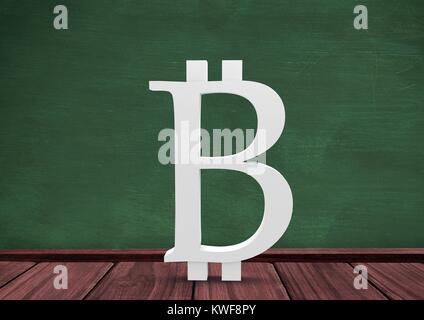 Icône Bitcoin 3D au sol dans la chambre avec tableau noir pour l'éducation Banque D'Images