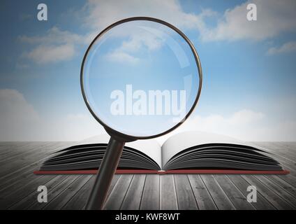 Loupe 3D sur livre avec ciel Banque D'Images
