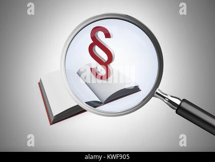 Loupe 3D sur livre avec icône de symbole de section Banque D'Images