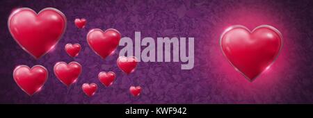 Cœur de Saint-Valentin pétillant et brillant avec des feuilles de fond violet Banque D'Images