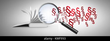 Loupe 3D sur livre avec icônes de symbole de section Banque D'Images