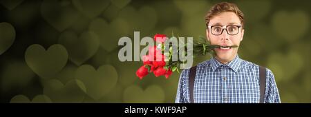 Valentines homme mordre rose avec amour coeur fond Banque D'Images