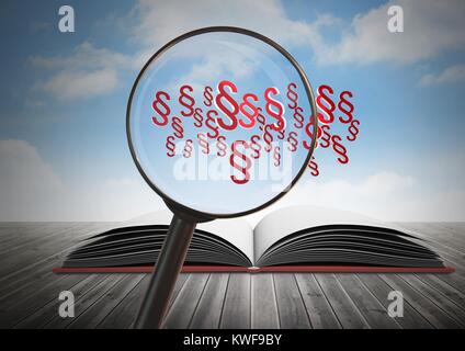 Loupe 3D sur livre avec icônes de symbole de section Banque D'Images