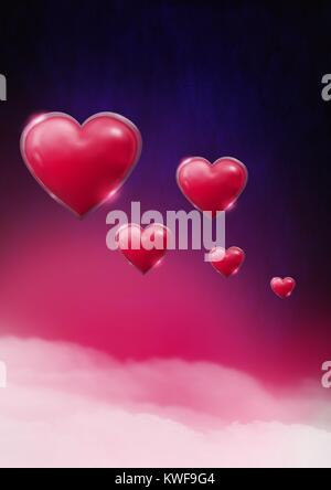 Coeurs pétillantes de Saint-Valentin avec fond mauve brumeux Banque D'Images