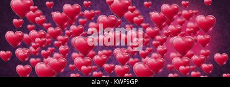 Cœur de Saint-Valentin pétillant et brillant avec des feuilles de fond violet Banque D'Images