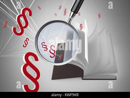 Loupe 3D sur livre avec icônes de symbole de section Banque D'Images