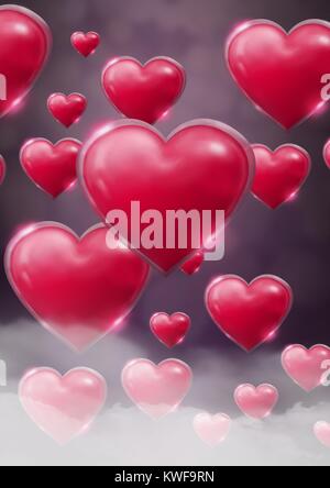 Coeurs pétillantes de Saint-Valentin avec fond mauve brumeux Banque D'Images