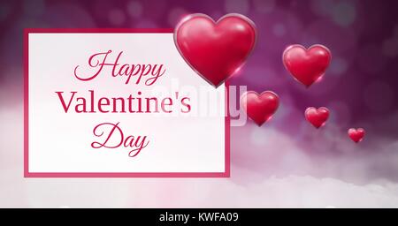 Joyeux texte de la Saint-Valentin et joyeux coeur de Saint-Valentin avec arrière-plan flou de bokeh violet Banque D'Images