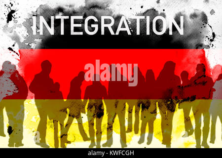 Silhouettes de personnes avant que l'Allemagne d'un drapeau et le mot Intégration, Deutschlandfahne Silhouetten von Menschen vor und das Wort Integration Banque D'Images