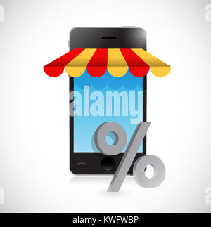 Boutique en ligne shopping mobile symbole pourcentage illustration design over white Banque D'Images