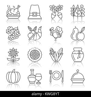 Thanksgiving Day journée noire fine line avec réflexion icon set vecteur de saison symbole linéaire isolé pack. Signe graphique pictogramme simple contour col Illustration de Vecteur