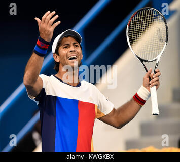 Doha, Qatar. 3 janvier, 2018. Fernando Verdasco de l'Espagne au cours de la réaction des célibataires deuxième tour contre Andreï Roublev de la Russie à l'ATP de l'Open du Qatar à Doha, Qatar, le 3 janvier 2018. Andreï Roublev a gagné 2-1. Credit : Nikku/Xinhua/Alamy Live News Banque D'Images