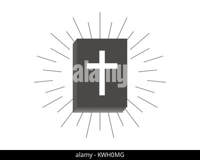 Livre de la bible, silhouette noire d'un livre d'une croix sur un fond blanc et des raies. Vector Illusion Illustration de Vecteur