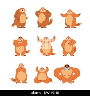 Jeu de la marmotte poses et motion. Heureux de la marmotte et le yoga. Couchage Marmot et en colère. coupable et triste. Le jour de la marmotte Vector illustration Illustration de Vecteur