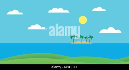 Île tropicale dans la mer avec plage de sable et de palmiers sous ciel bleu avec des nuages et soleil - vecteur, modèle plat Illustration de Vecteur