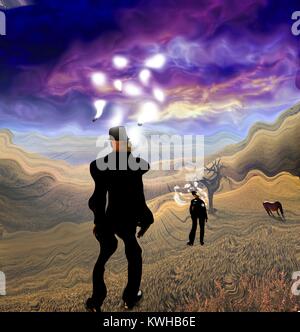 Peinture surréaliste. Man in suit se tient dans le champ. Ampoules de lumière autour de sa tête représente des idées. Cheval broute. Banque D'Images