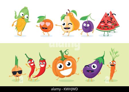 Funny Fruit et légumes - jeu de caractères isolés vector illustrations Illustration de Vecteur